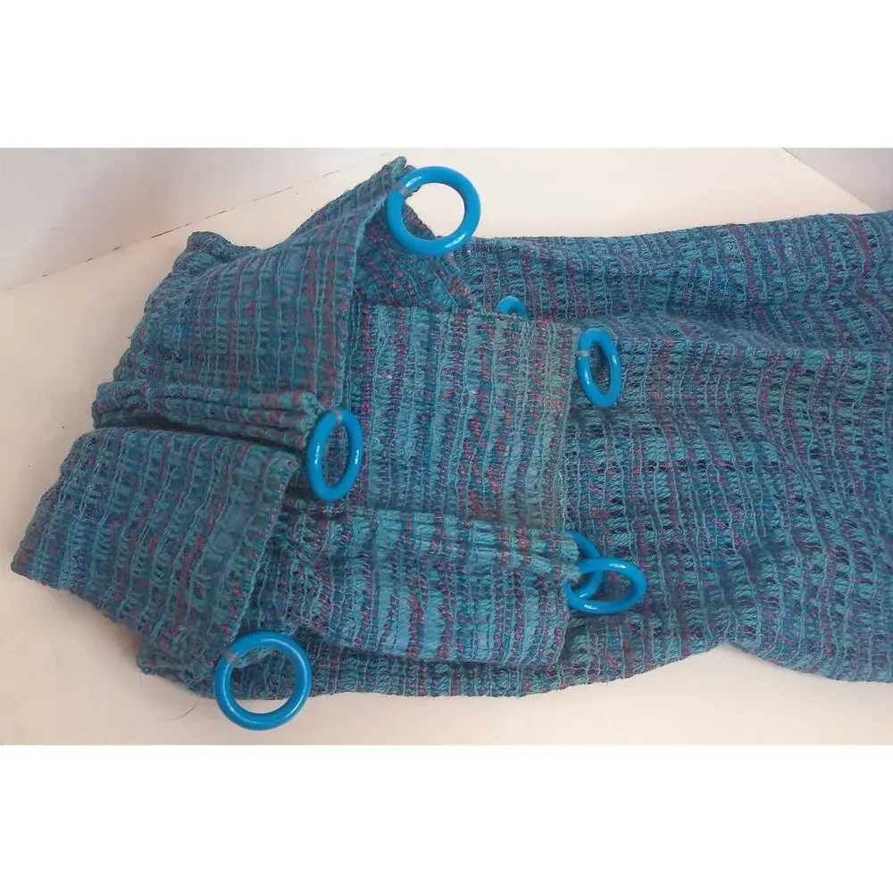 Vtg Mid Century Blue Tweed Pinch Pleat Curtains Open Weave Drapes w/ Rings Set 2